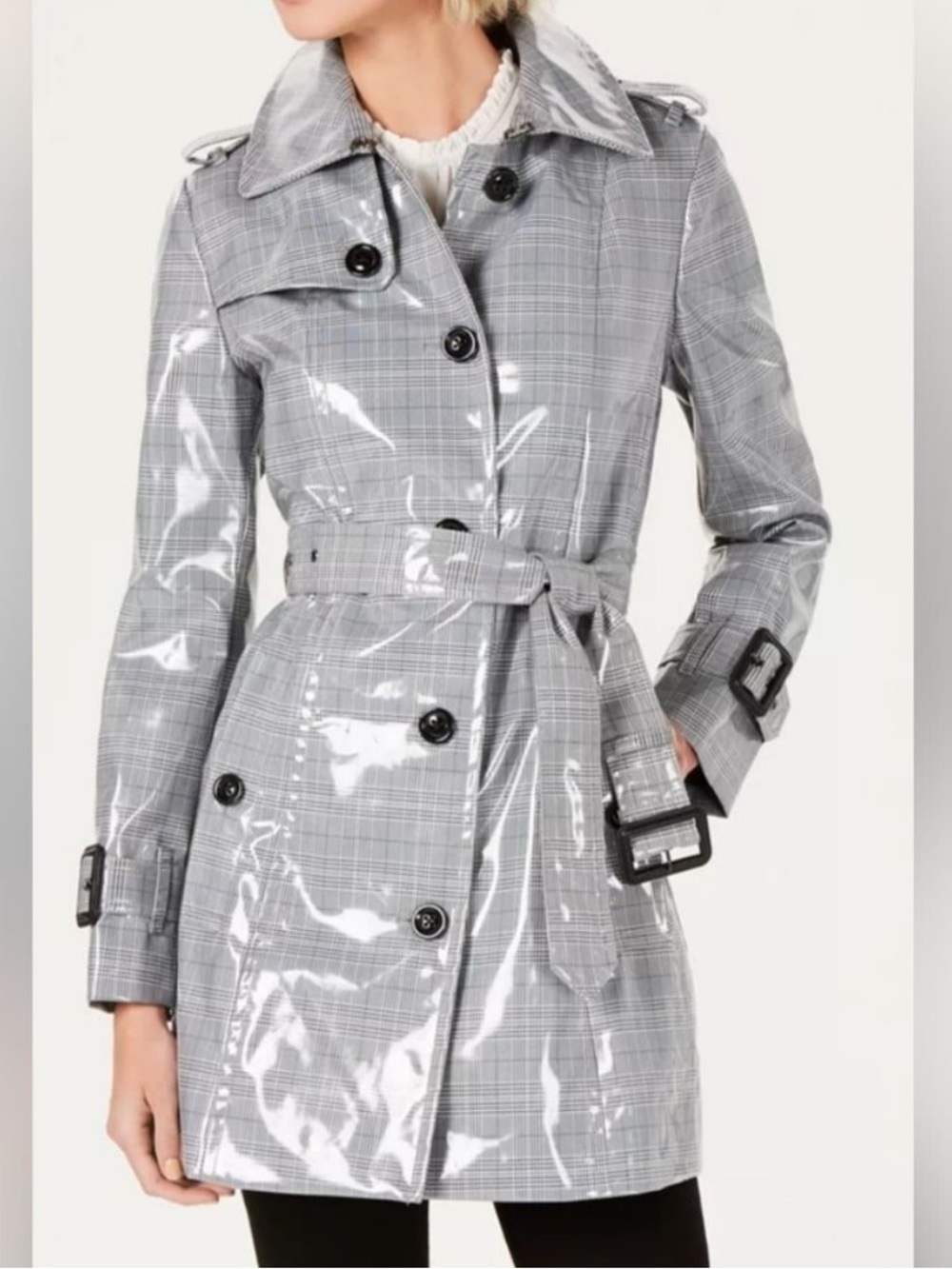 London Fog Belted Laminated Plaid Slicker Rain Trench Coat Size M